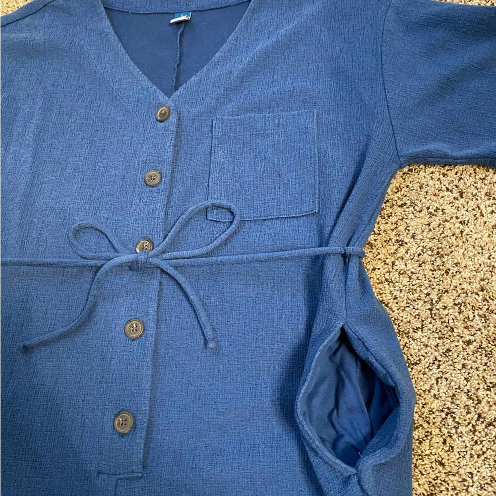 Old Navy Royal Blue V-Neck Button-Up Romper with Waist Tie